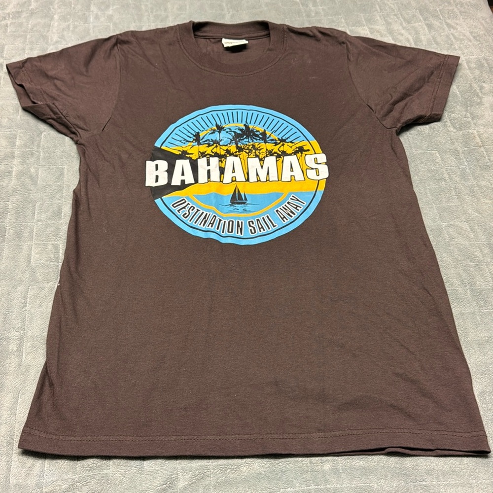 Bahamas T-Shirt, Nassau, Caribbean, Flad Logo, Brown, Yellow, Blue, Size S